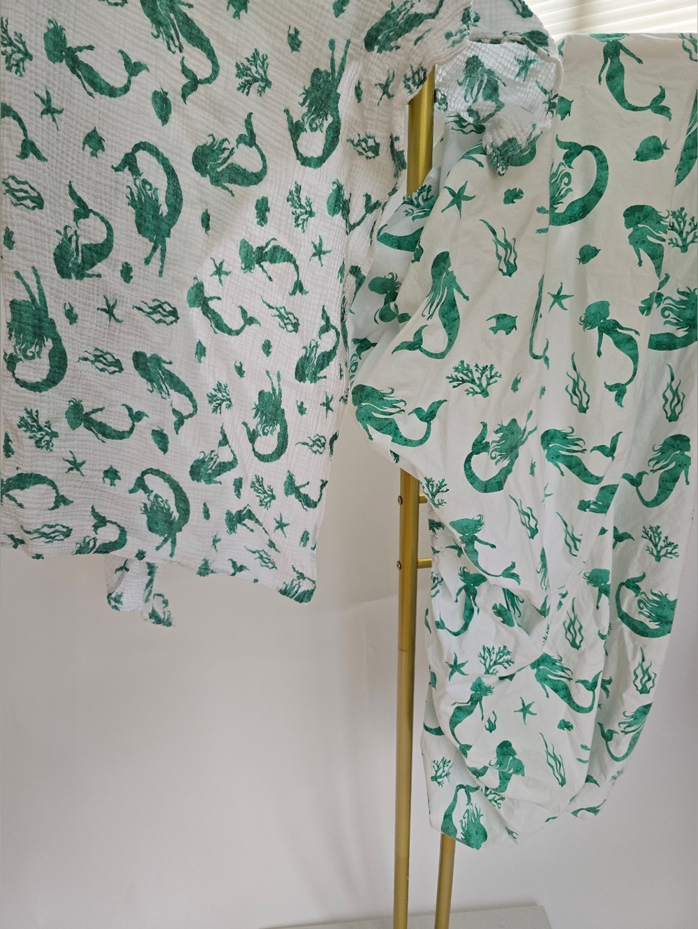 Green Watercolor Mermaid Crib Sheet With Oversized Muslin Cotton Blanket